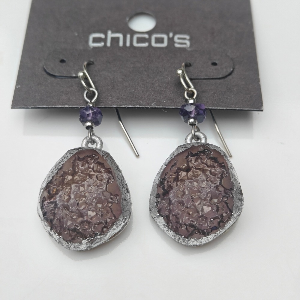 Chico's Purple Druzy Faux Stone Drop Earrings Silver Tone Boho Dangle Pendants